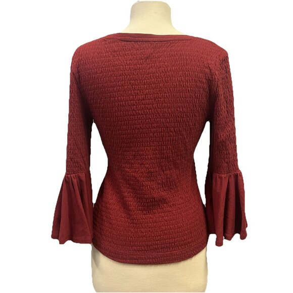 Anthropologie Smocked Bell Sleeve Top Women’s Small Wine Burgundy Textured Knit - Picture 3 of 10